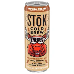 STōK Cold Brew Energy Mocha Cream, Ready to Drink Canned Coffee with 195mg Caffeine, B Vitamins, Guarana and Ginseng, 11 fl oz