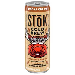 STōK Cold Brew Energy Mocha Cream, Ready to Drink Canned Coffee with 195mg Caffeine, B Vitamins, Guarana and Ginseng, 11 fl oz