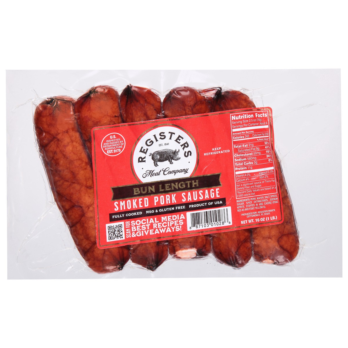 slide 1 of 11, Registers Meat Company Registers Smoked Sausage Bun Length, 16 oz
