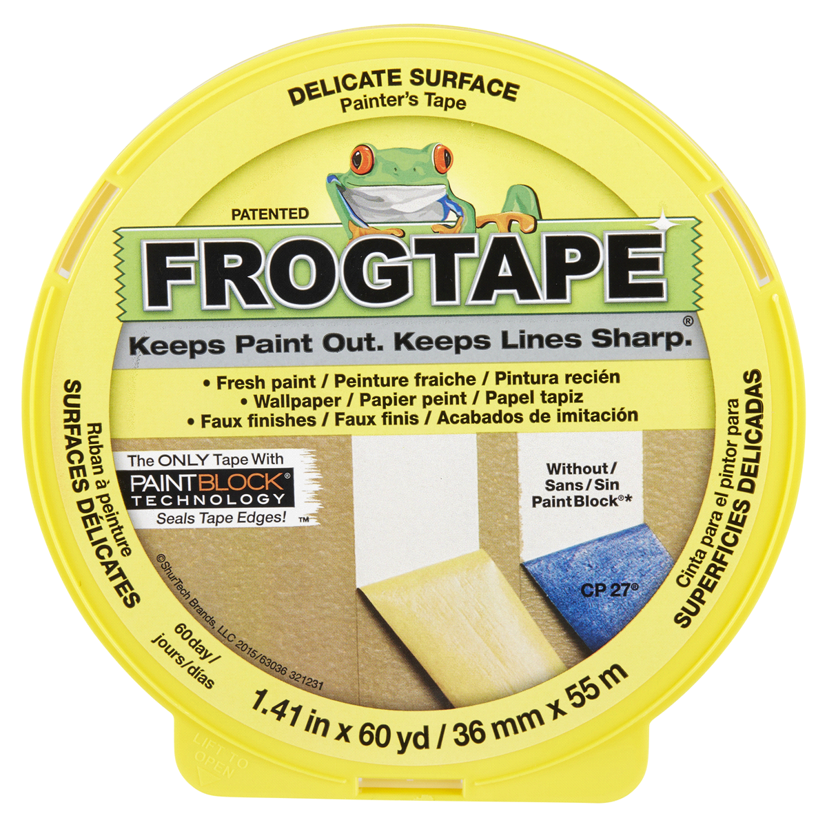 slide 1 of 29, DUCK FrogTape Delicate Surface Painting Tape, Yellow, 1.41 in. x 60 yd., 60 yd x 1.31 in
