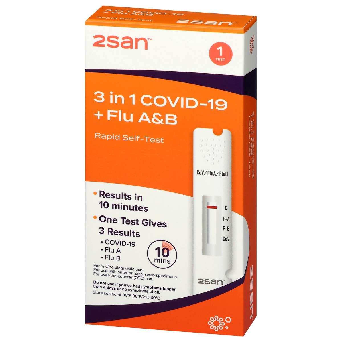 slide 3 of 4, 2San 3 in 1 Covid-19 + Flu A&B Rapid Self-Test 1 Each, 1 ct