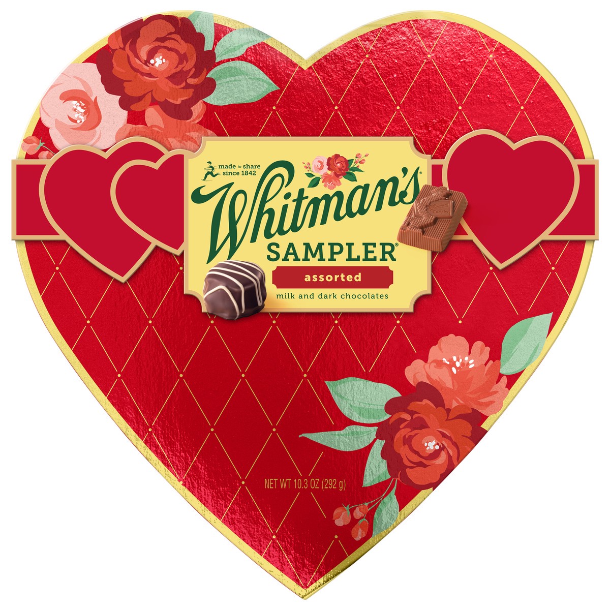 slide 1 of 4, WHITMAN'S SAMPLER Valentine's Day Red Floral Heart Assorted Milk & Dark Chocolate Gift Box, 10.3 oz. (22 pieces), 22 ct