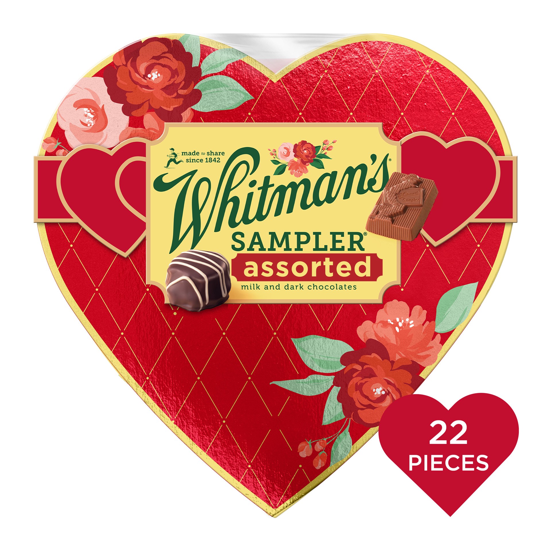 slide 1 of 4, Whitman's Valentine's Assorted Chocolates Sampler Heart, 10.3 oz