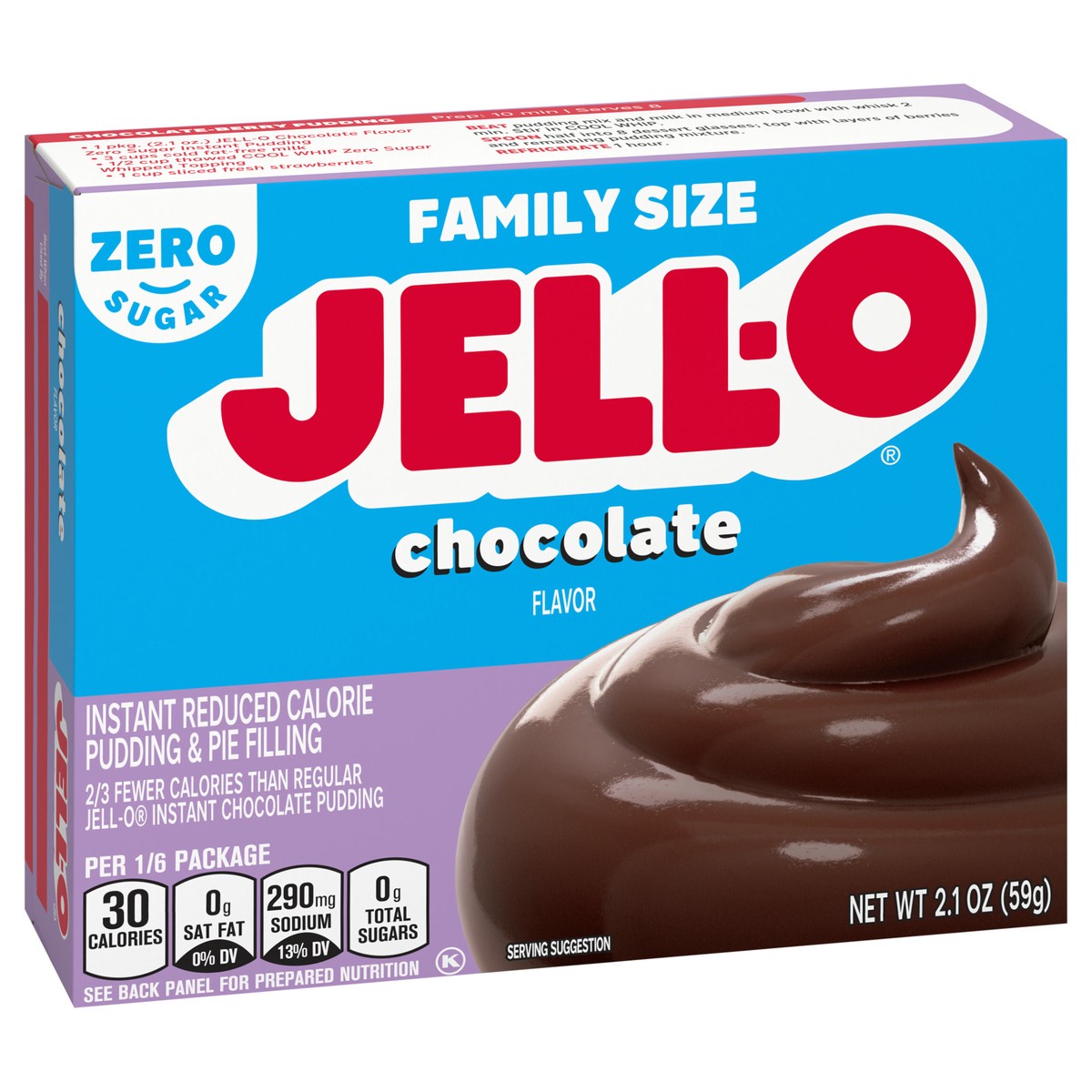 slide 9 of 9, Jell-O Chocolate Flavor Zero Sugar Instant Reduced Calorie Pudding & Pie Filling, Family Size, 2.1 oz. Box, 2.1 oz