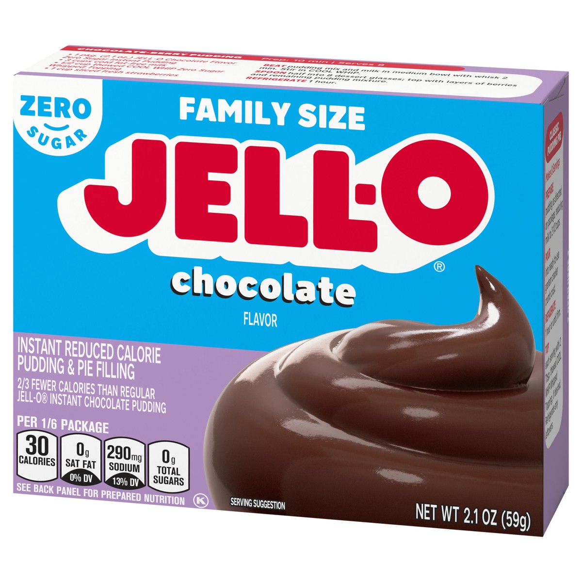 slide 2 of 9, Jell-O Chocolate Flavor Zero Sugar Instant Reduced Calorie Pudding & Pie Filling, Family Size, 2.1 oz. Box, 2.1 oz