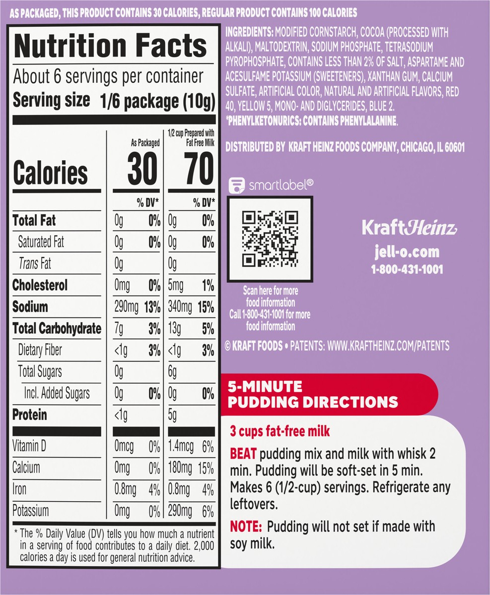 slide 5 of 9, Jell-O Chocolate Flavor Zero Sugar Instant Reduced Calorie Pudding & Pie Filling, Family Size, 2.1 oz. Box, 2.1 oz