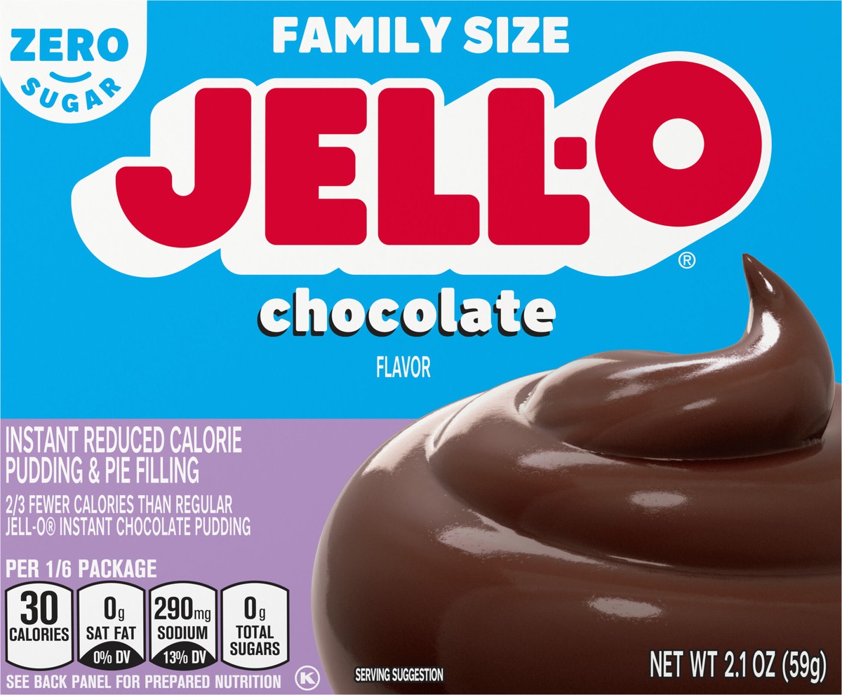 slide 4 of 9, Jell-O Chocolate Flavor Zero Sugar Instant Reduced Calorie Pudding & Pie Filling, Family Size, 2.1 oz. Box, 2.1 oz