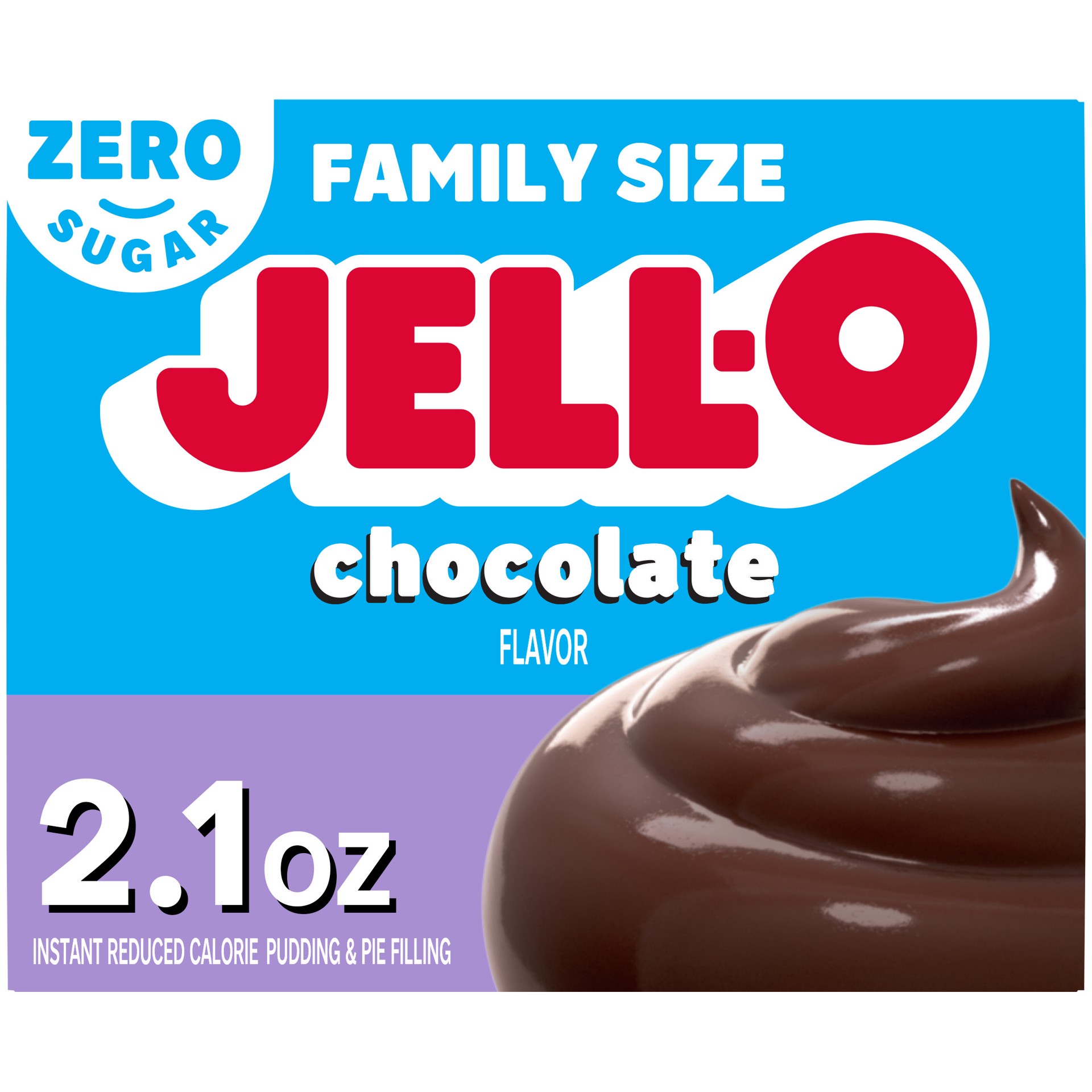 slide 1 of 9, Jell-O Chocolate Flavor Zero Sugar Instant Reduced Calorie Pudding & Pie Filling, Family Size, 2.1 oz. Box, 2.1 oz