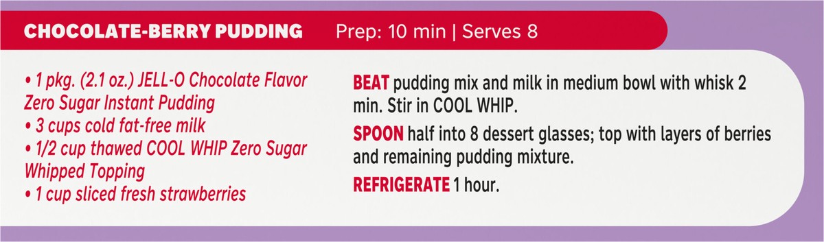 slide 6 of 9, Jell-O Chocolate Flavor Zero Sugar Instant Reduced Calorie Pudding & Pie Filling, Family Size, 2.1 oz. Box, 2.1 oz