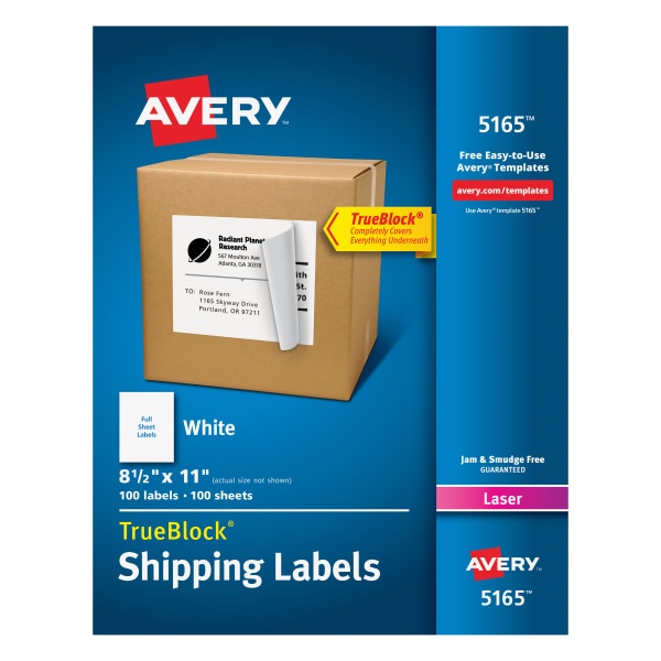 slide 1 of 10, Avery Permanent Full-Sheet Labels, 5165, Laser, White, 100 ct; 8 1/2 in x 11 in