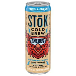 STōK Cold Brew Energy Vanilla Cream, Ready to Drink Canned Coffee with 195mg Caffeine, B Vitamins, Guarana and Ginseng, 11 fl oz