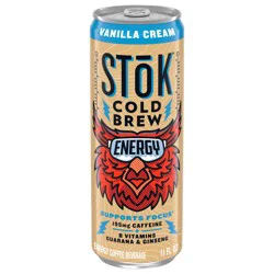 STōK Cold Brew Energy Vanilla Cream, Ready to Drink Canned Coffee with 195mg Caffeine, B Vitamins, Guarana and Ginseng, 11 fl oz