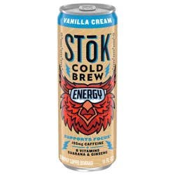 STōK Cold Brew Energy Vanilla Cream, Ready to Drink Canned Coffee with 195mg Caffeine, B Vitamins, Guarana and Ginseng, 11 fl oz