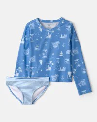 Carter's Girls 2-Piece Sailboat Long-Sleeve Rashguard Swimsuit Set - Blue, Size 10