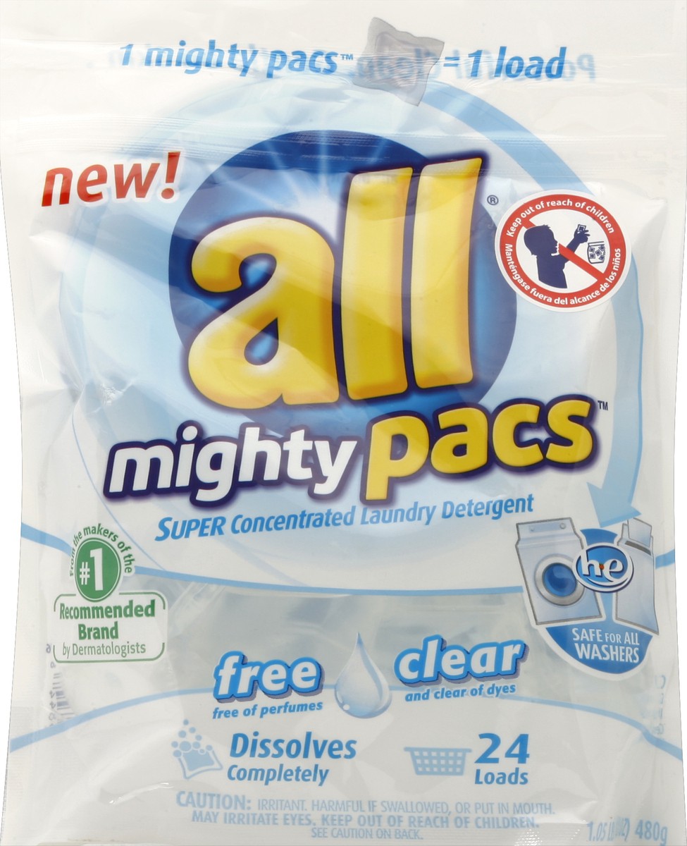 slide 2 of 3, All Mighty Pacs Laundry Detergent, Free Clear For Sensitive Skin, Pouch, 19 ct