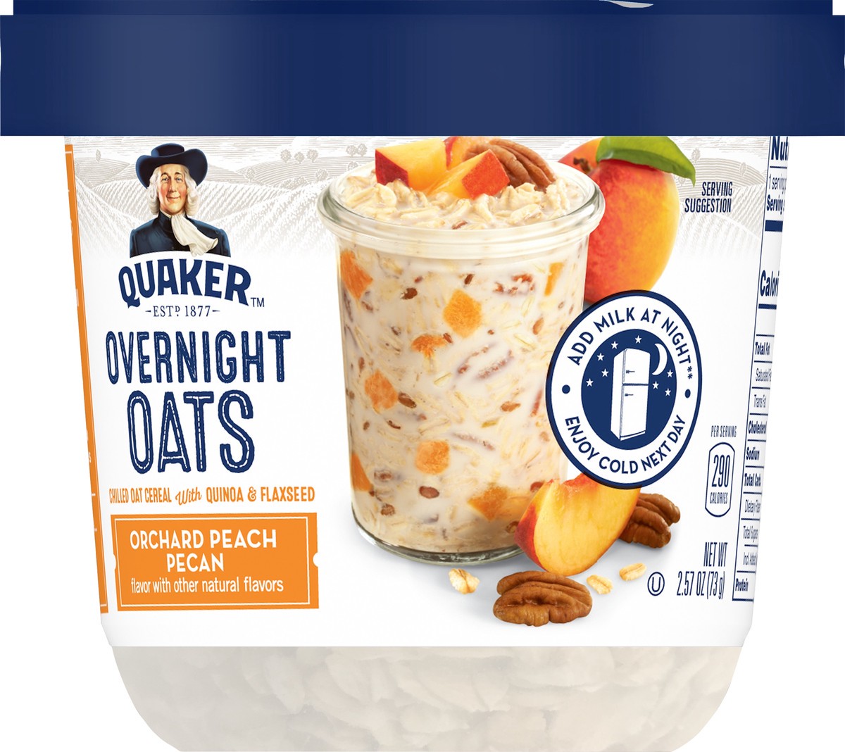 slide 6 of 6, Quaker Overnight Oats Orchard Peach Pecan Chilled Oatmeal Breakfast Cup, 2.57 oz