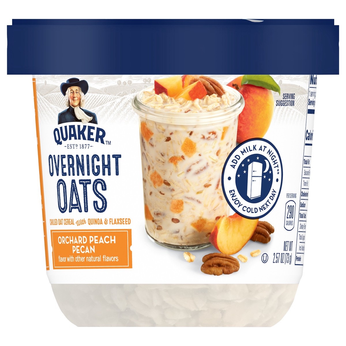 slide 1 of 6, Quaker Overnight Oats Orchard Peach Pecan Chilled Oatmeal Breakfast Cup, 2.57 oz