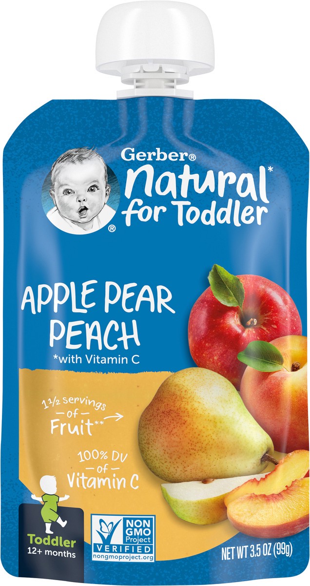 slide 3 of 9, Gerber Natural for Toddler, Apple Pear Peach Toddler Pouch, 3.5 oz Pouch, 3.5 oz