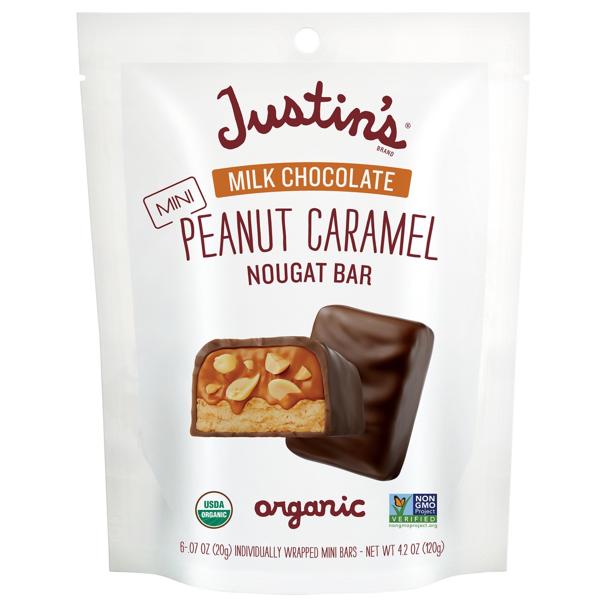 slide 1 of 2, Justin's Organic Mini Milk Chocolate Peanut Caramel Nougat Candy Bars Bag 4.2 oz, 6 ct