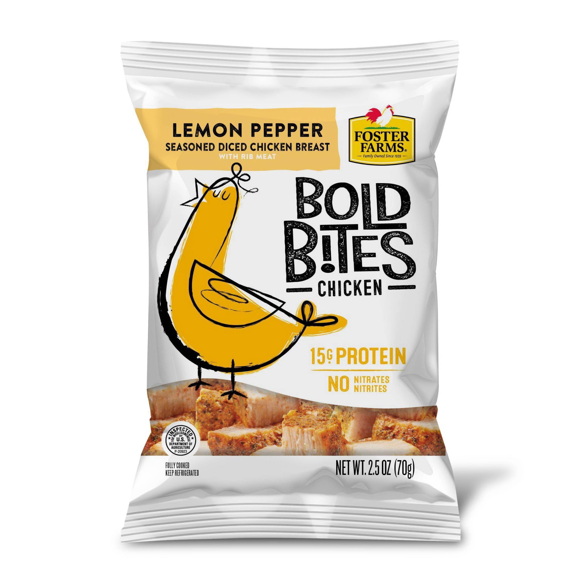 slide 1 of 3, Foster Farms Bold Bites Lemon Pepper Seasoned Diced Chicken Breast, 2.5 oz