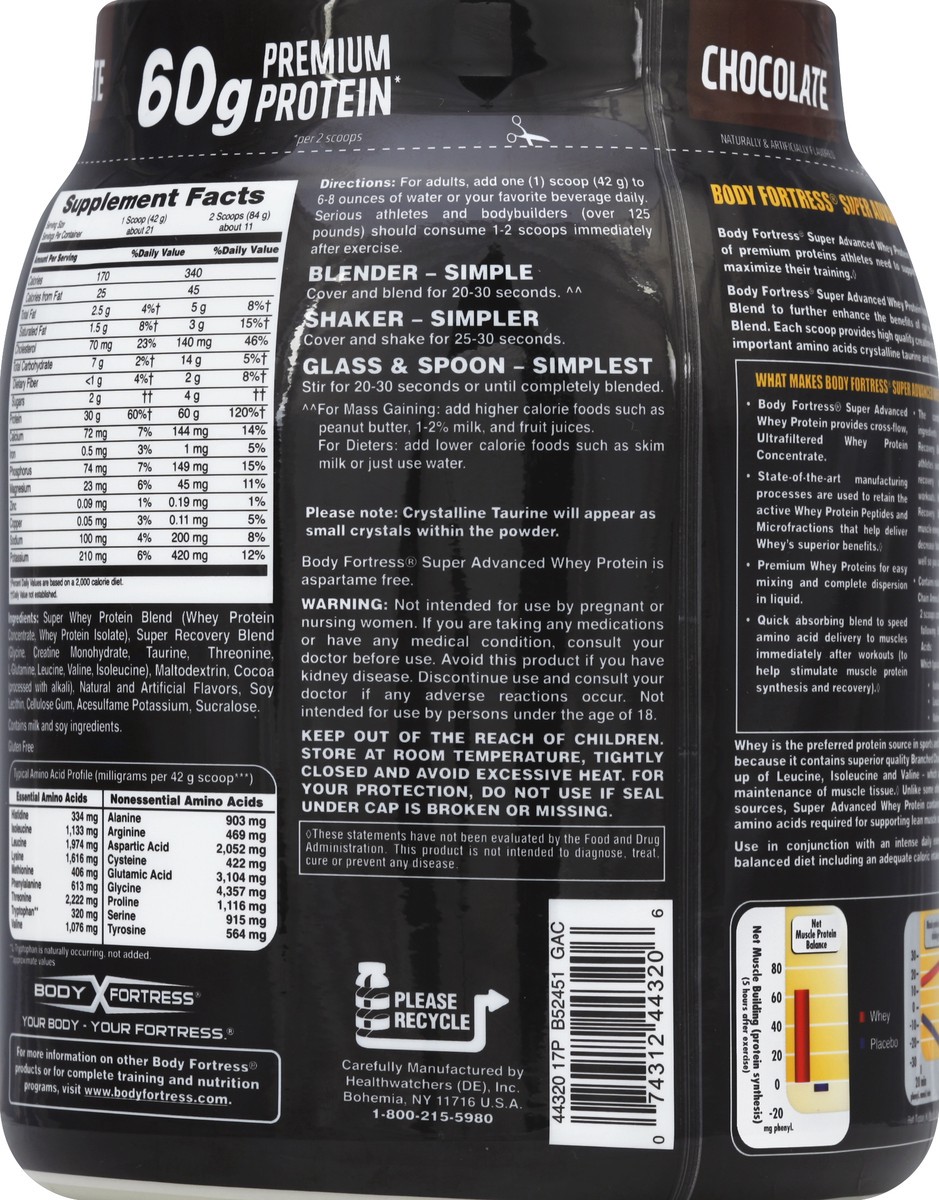 slide 3 of 3, Body Fortress Super Advanced Whey Protein Powder Chocolate, 32 oz