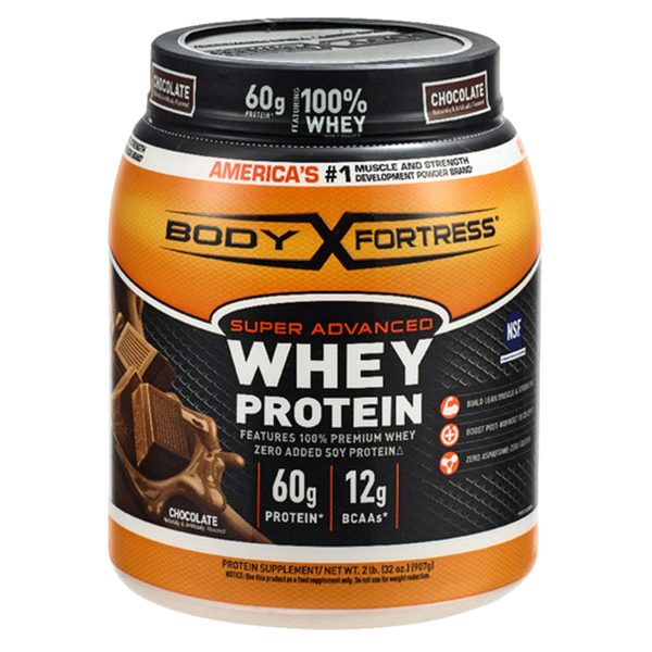 slide 1 of 3, Body Fortress Super Advanced Whey Protein Powder Chocolate, 32 oz