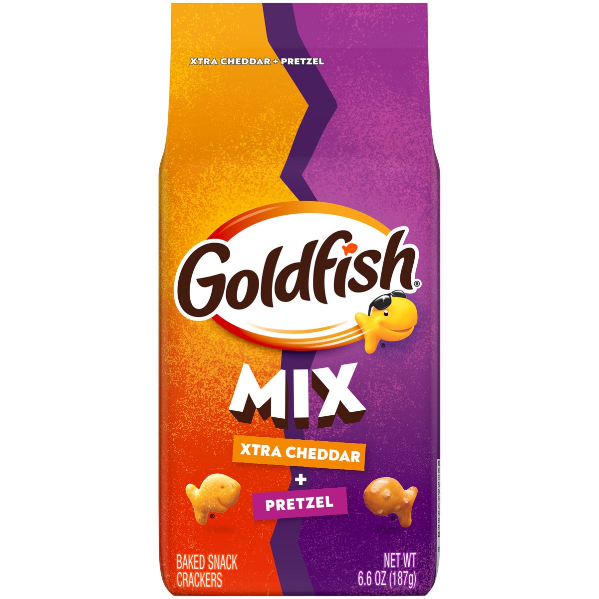 slide 1 of 11, Goldfish Mix Pretzel + Flavor Blasted Xtra Cheddar Cheese Crackers, 6.6 oz Bag, 6.600 oz