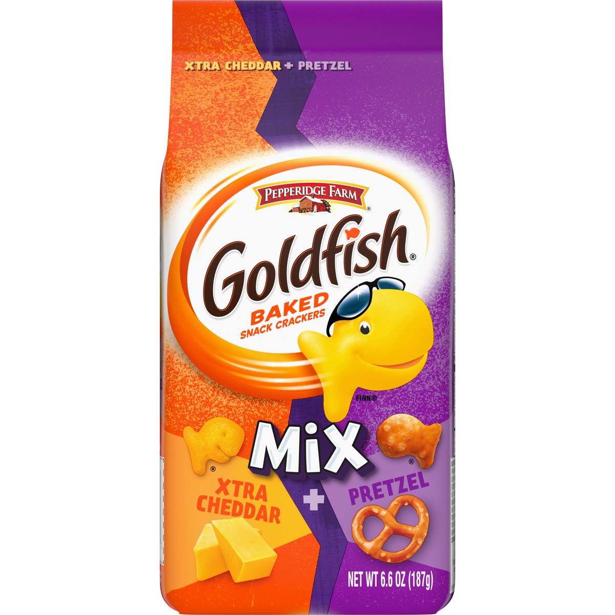slide 7 of 11, Goldfish Mix Pretzel + Flavor Blasted Xtra Cheddar Cheese Crackers, 6.6 Oz Bag, 6.600 oz