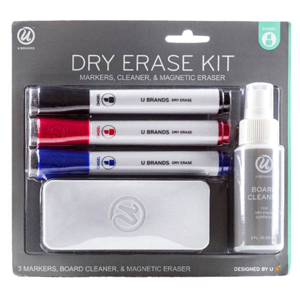 slide 1 of 1, U Brands Dry Erase Kit, 3 Assorted Chisel Dry Erase Markers, Magnetic Eraser, Board Spray, 3 ct