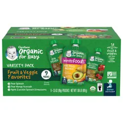 Gerber Stage 2 Baby Food, Organic Fruit and Veggie Favorites Puree Pouches, Variety 9PK