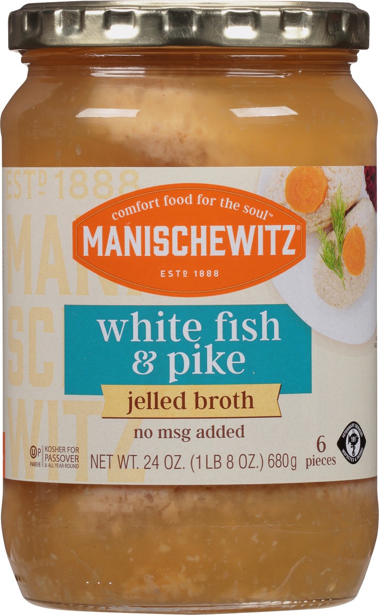 slide 5 of 9, Manischewitz Jelled Broth White Fish & Pike, 24 oz