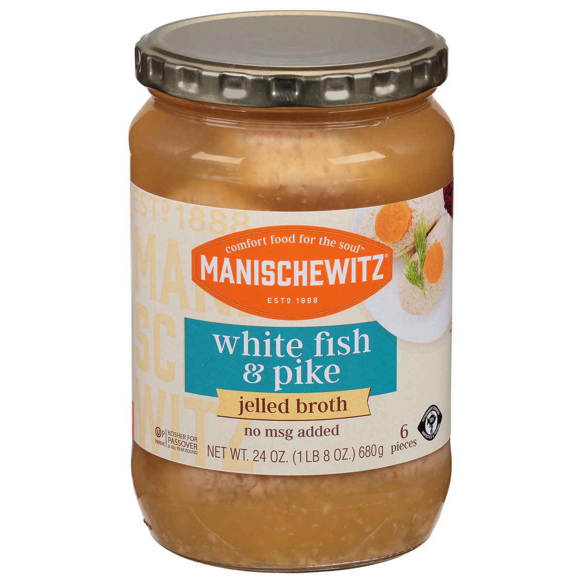 slide 1 of 9, Manischewitz Jelled Broth White Fish & Pike, 24 oz