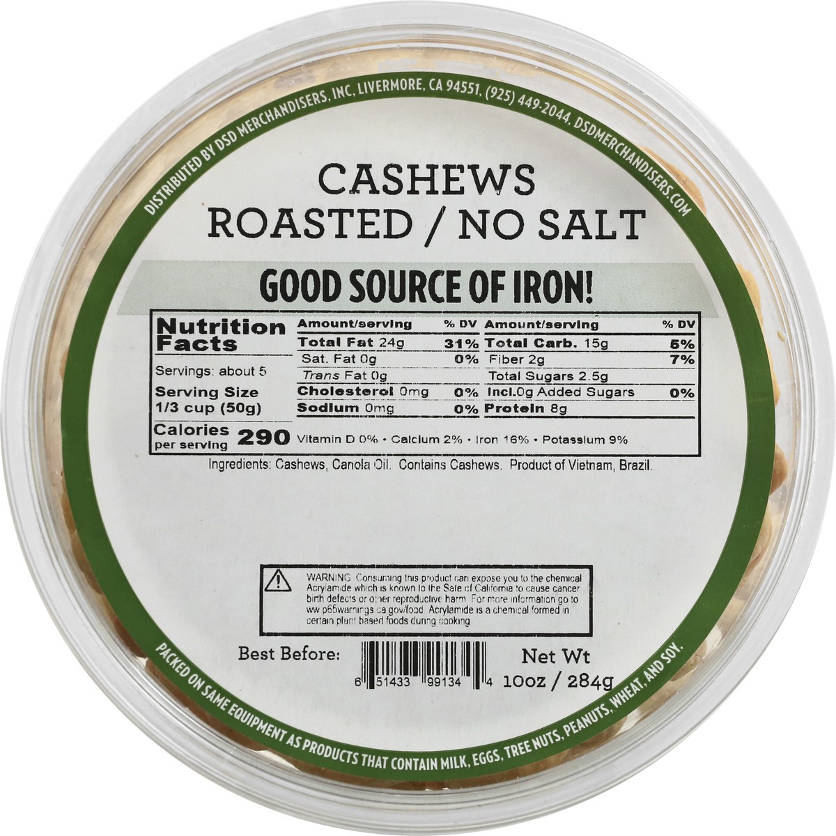 slide 8 of 13, DSD Merchandisers No Salt Roasted Cashews Prepackaged - 10 Oz., 10 oz