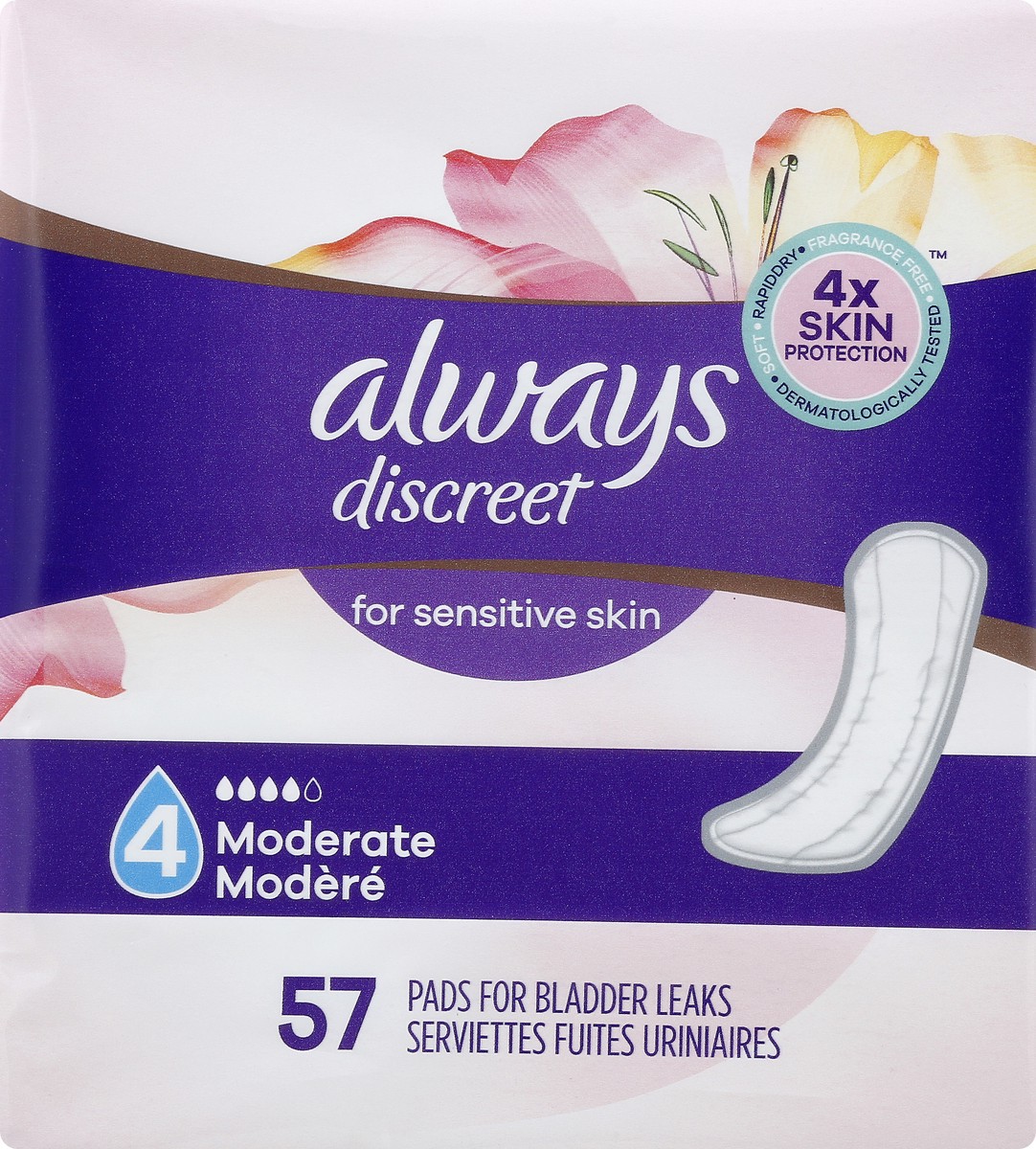 slide 4 of 6, Always Discreet For Sensitive Skin 4 Moderate Pads 57 ea, 57 ct