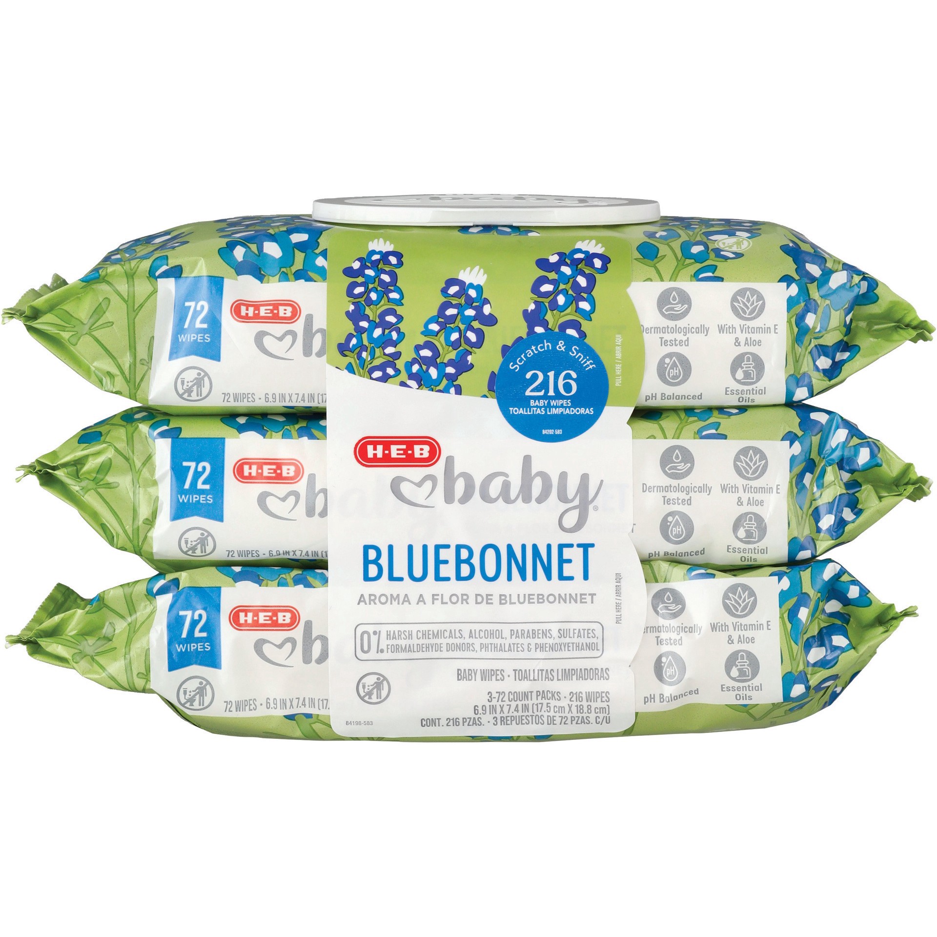slide 1 of 1, H-E-B Baby Bluebonnet Scented Wipes, 3 Pk, 216 ct