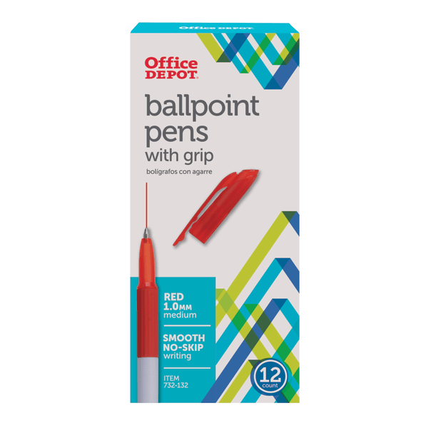 slide 1 of 2, Office Depot Brand Grip Ballpoint Pens, Medium Point, 1.0 Mm, White Barrel, Red Ink, Pack Of 12, 12 ct