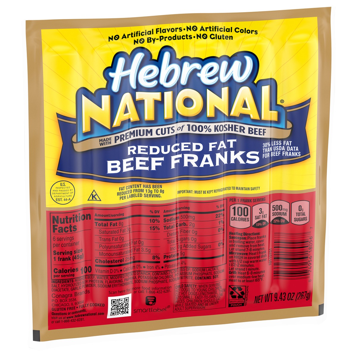 slide 2 of 5, Hebrew National Reduced Fat Beef Franks, Hot Dogs, 6 Count Pack, 9.43 oz