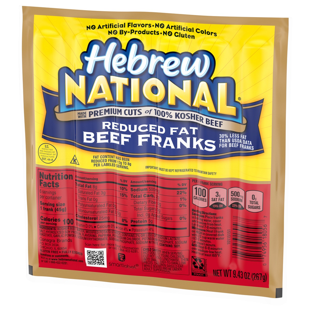 slide 5 of 5, Hebrew National Reduced Fat Beef Franks, Hot Dogs, 6 Count Pack, 9.43 oz