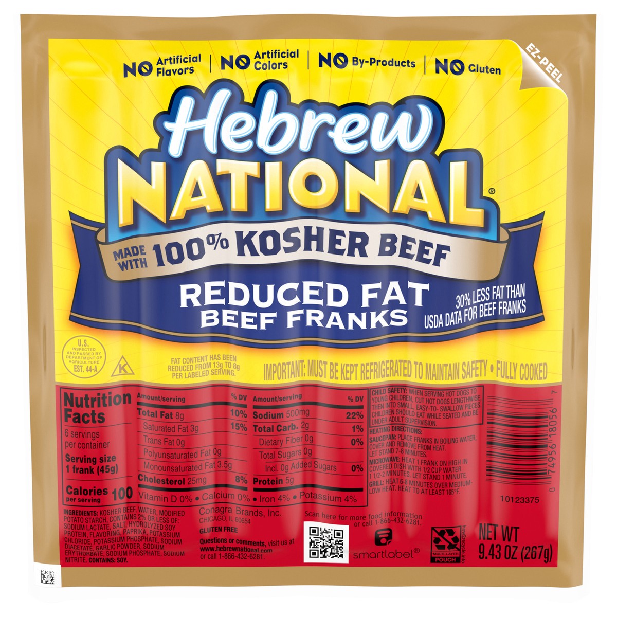 slide 1 of 5, Hebrew National Reduced Fat Beef Franks, Hot Dogs, 6 Count Pack, 9.43 oz