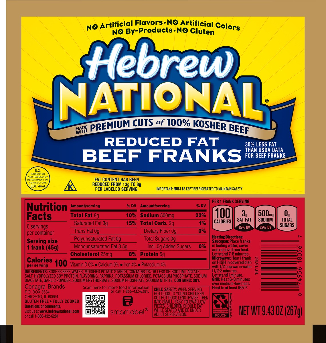 slide 4 of 5, Hebrew National Reduced Fat Beef Franks, Hot Dogs, 6 Count Pack, 9.43 oz