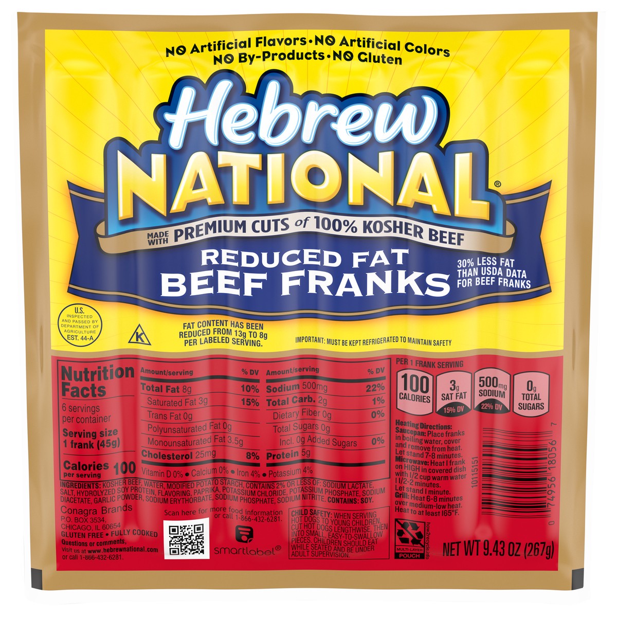 slide 1 of 1, Hebrew National Kosher Reduced Fat Beef Franks, 7 ct; 11 oz
