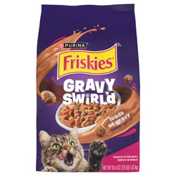 Purina Friskies Dry Cat Food Gravy Swirl'd With Flavors of Chicken, Salmon and Gravy