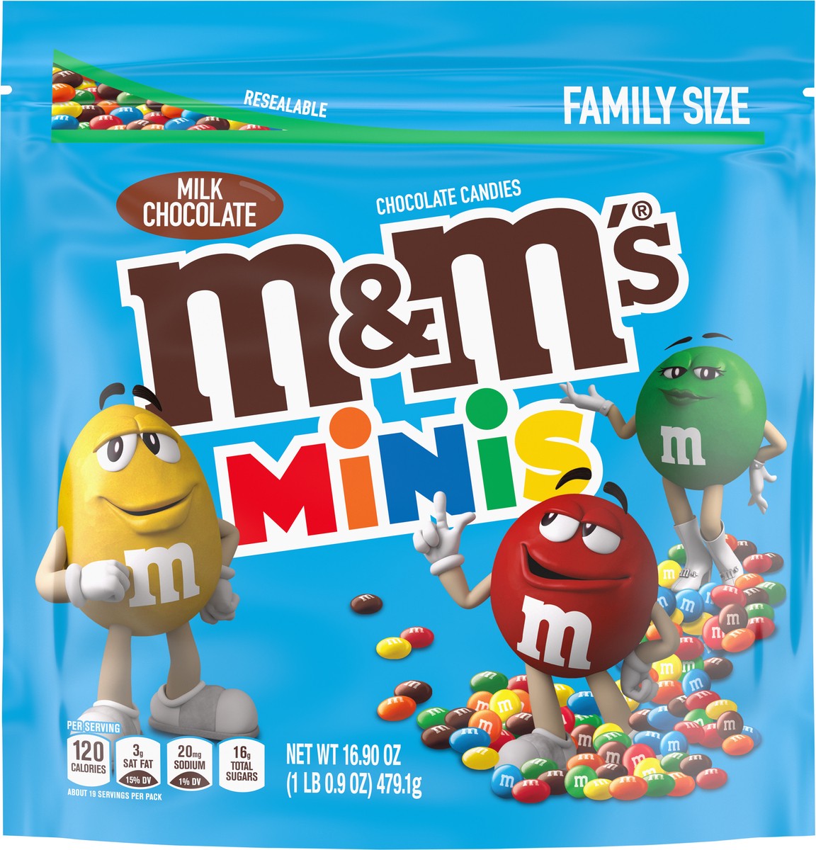 slide 7 of 9, M&M's MINIS Milk Chocolate Candy Assortment, Family Size, 16.9 oz Resealable Bulk Chocolate Candy Bag, 16.90 oz