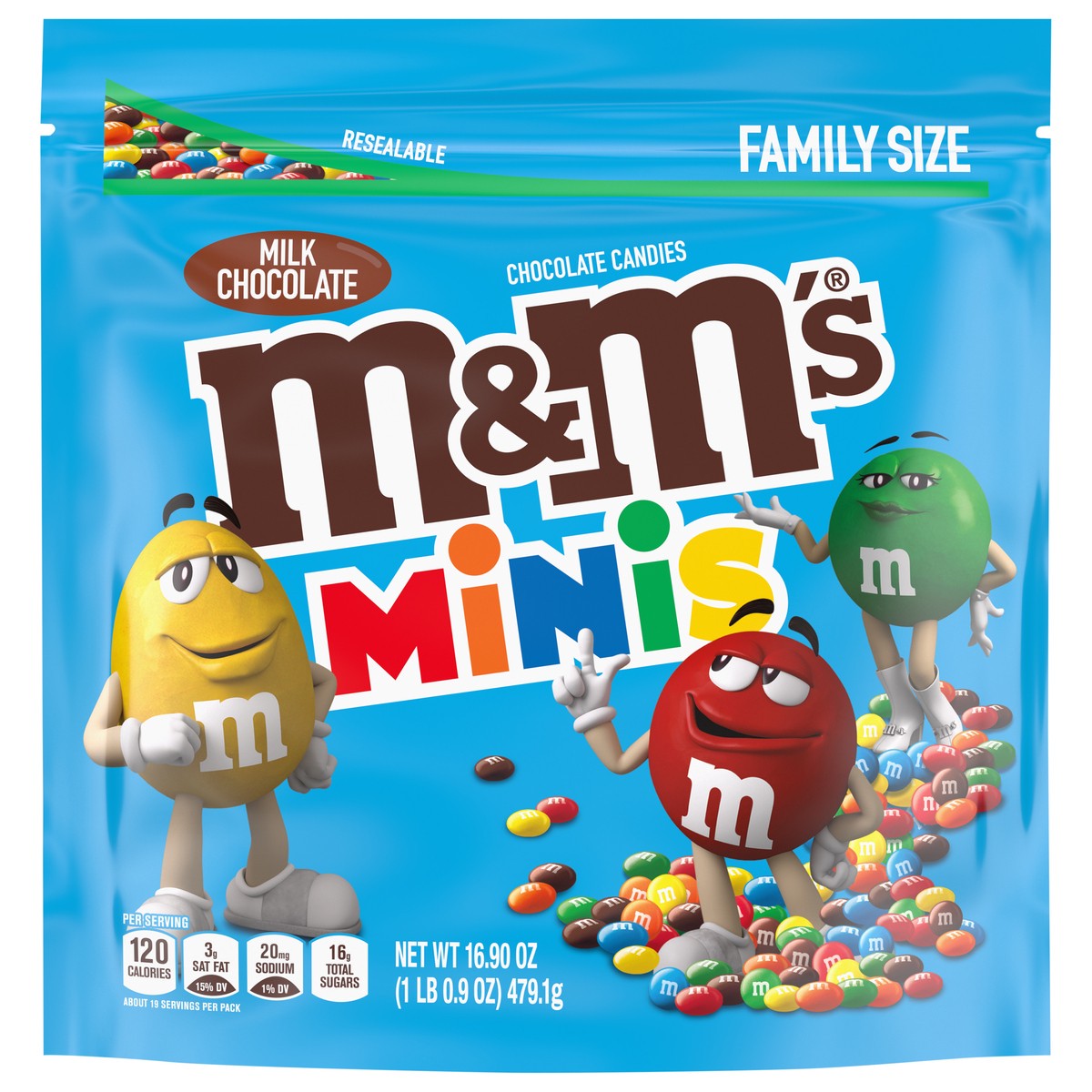 slide 1 of 9, M&M's MINIS Milk Chocolate Candy Assortment, Family Size, 16.9 oz Resealable Bulk Chocolate Candy Bag, 16.90 oz