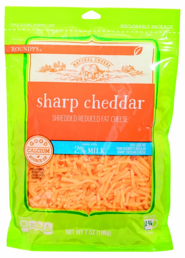 slide 1 of 1, Roundy's Roundys 2 Milk Sharp Cheddar Shredded Cheese, 7 oz