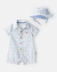 Baby Boy 2-Piece Plaid Romper & Hat Set - Blue - 24 Months
