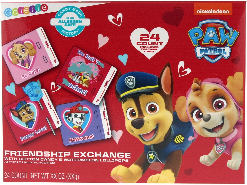slide 1 of 3, PAW Patrol Valentine's Lollipop Friendship Exchange with Strawberry Lollipops, 4.23 oz, 24 ct