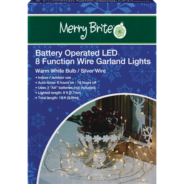 slide 1 of 1, Merry Brite 9' Battery Operated Warm White LED Wire Garland Lights, 1 ct