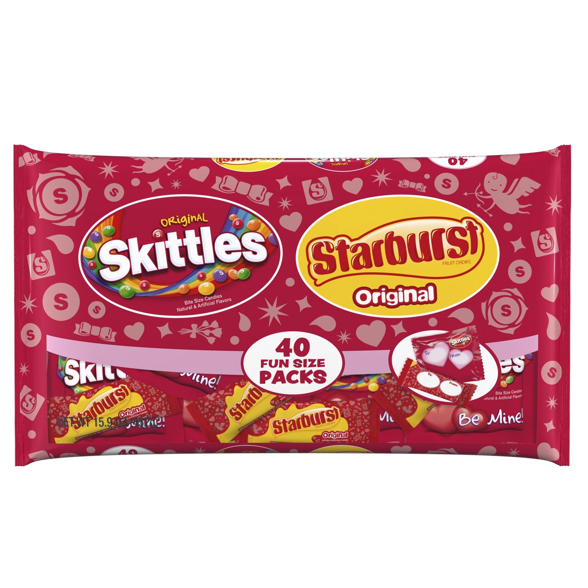 slide 1 of 6, Mixed SKITTLES and STARBURST Valentine's Exchange Kit (40-Ct., 15.9-Oz. Package), 15.9 oz