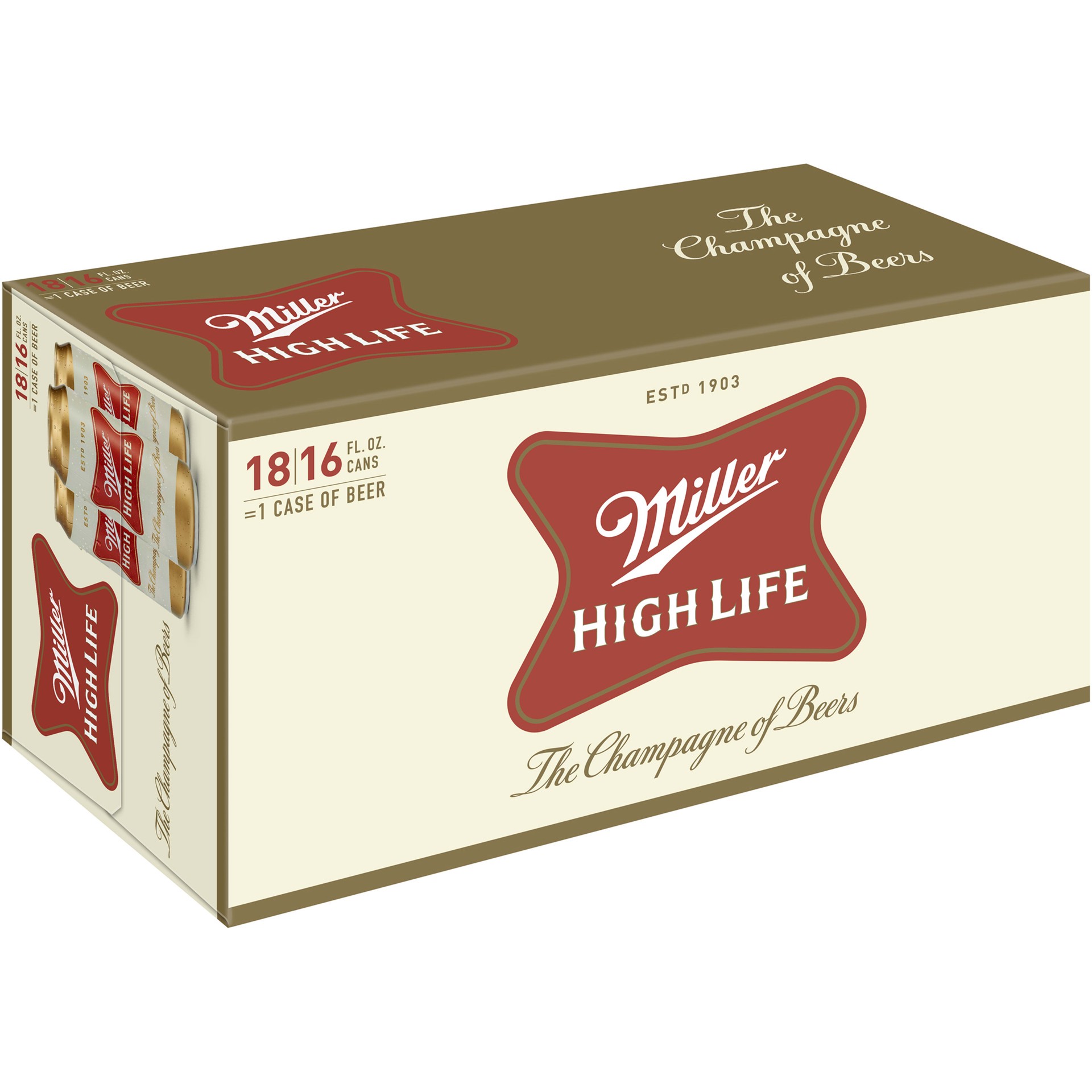 slide 1 of 3, Miller High Life American Lager Beer, 4.6% ABV, 18-pack, 16-oz beer cans, 16 fl oz